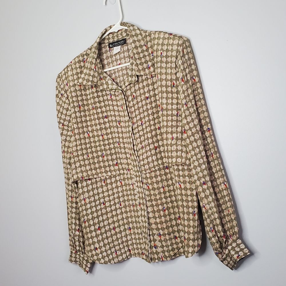 Sophisticates 14 Vintage Blouse Long Sleeve Button Down Olive Tan Diamond Print